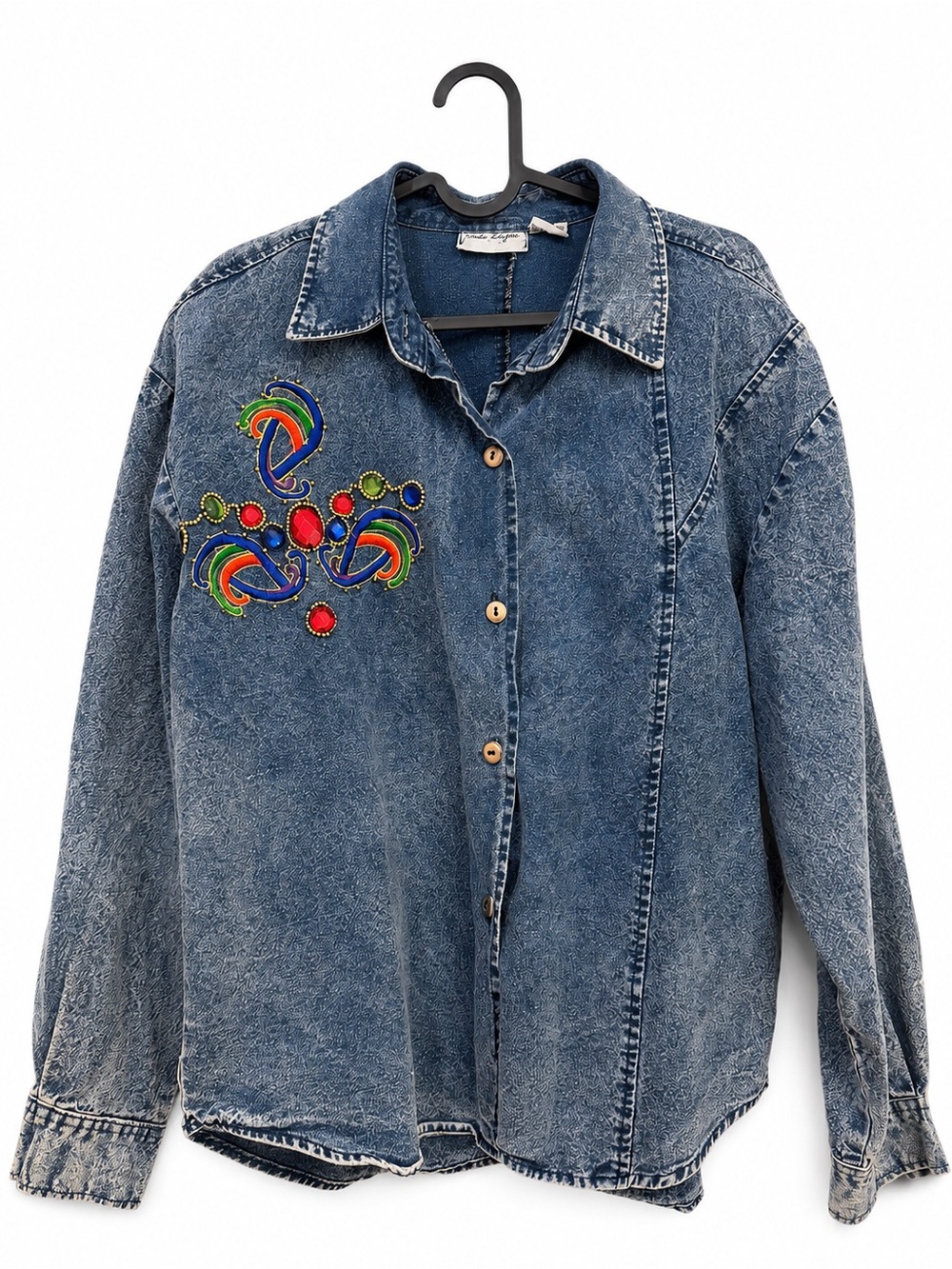 Embellished Acid-Wash Denim Button-Up Jacket - Multicolor Patch %100 cotton - Picture 2 of 4
